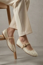 Women Beige Tweed Fabric Mary Jane Flats Fashion Buckle Comfortable Shoes Photograph-4